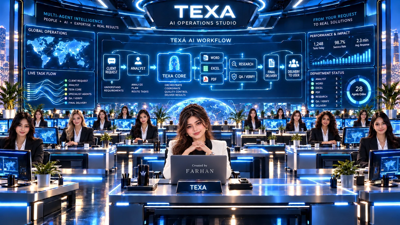 TEXA in the blue AI operations studio, with her Created by FARHAN laptop